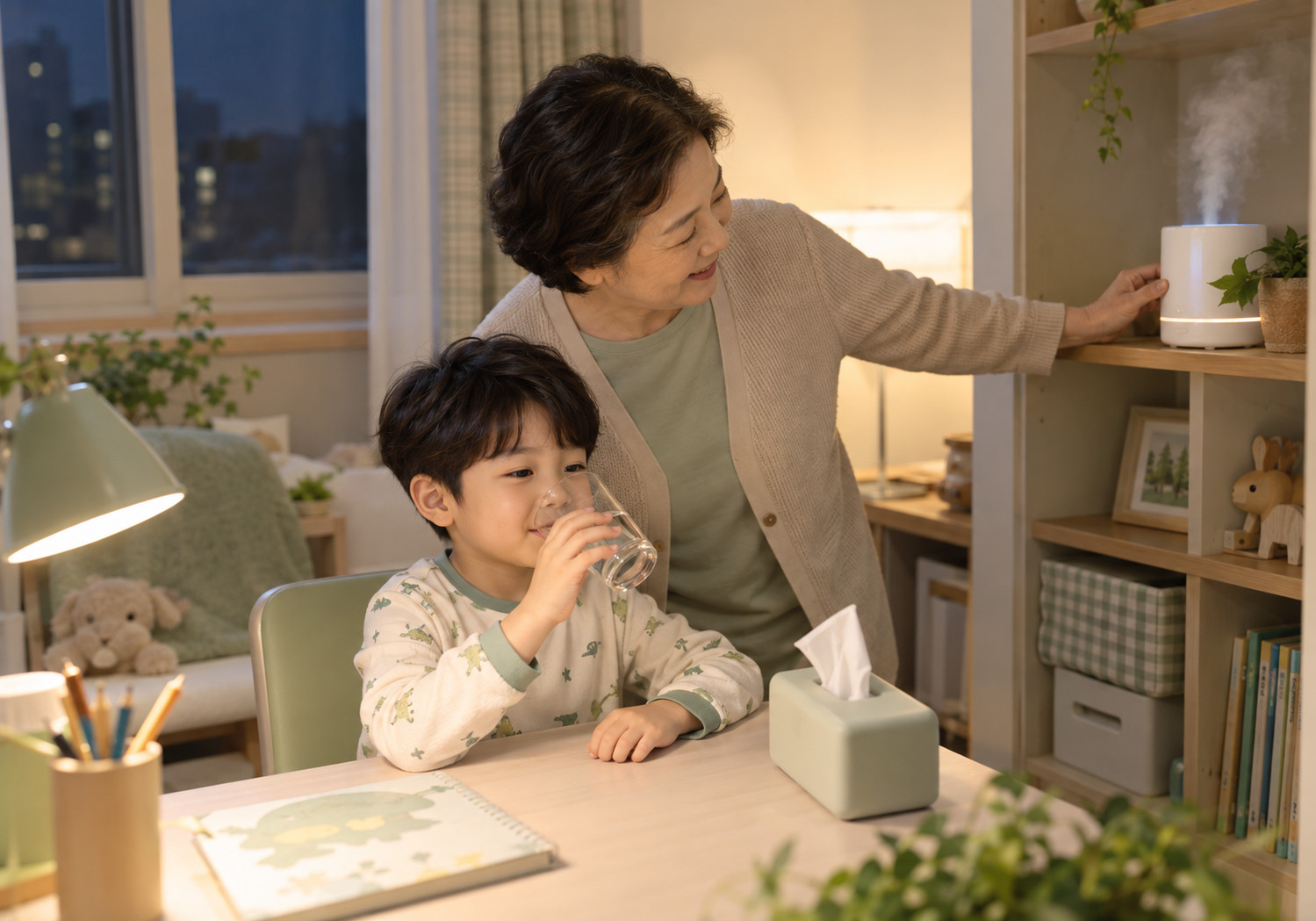 하남 후비루 코골이 – 할머니가 가습기를 켜고 아이가 물을 마시는 장면
