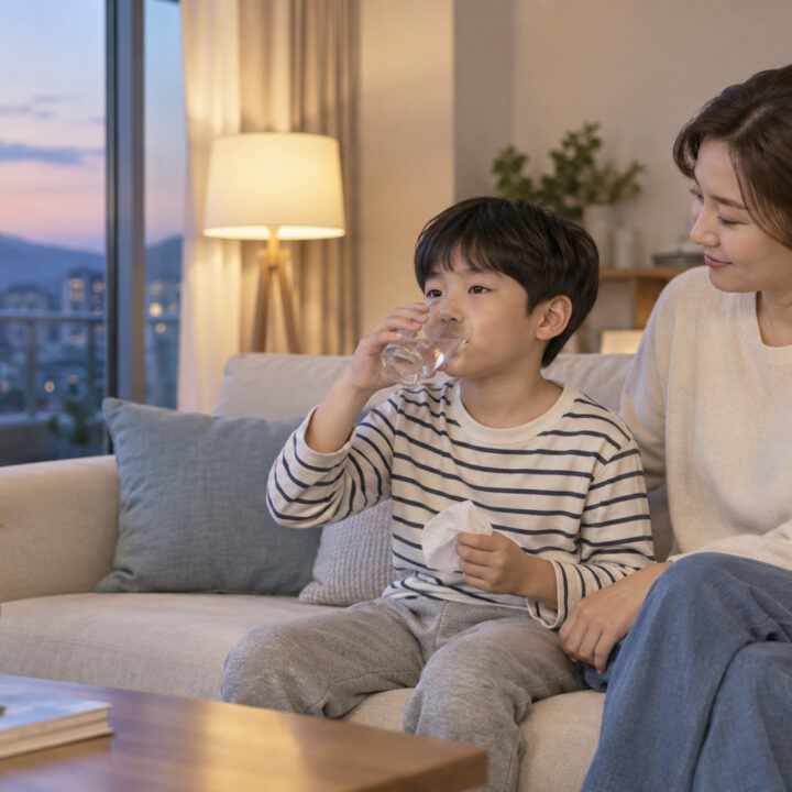 하남 후비루 코골이 – 저녁에 아이가 물을 마시고 엄마가 곁에서 지켜보는 장면