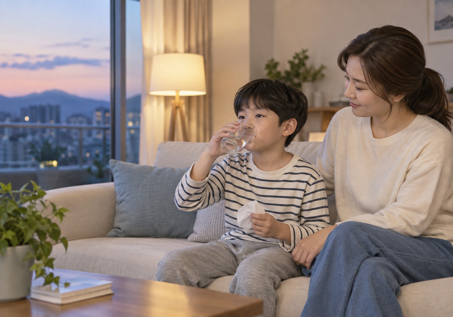 하남 후비루 코골이 – 저녁에 아이가 물을 마시고 엄마가 곁에서 지켜보는 장면