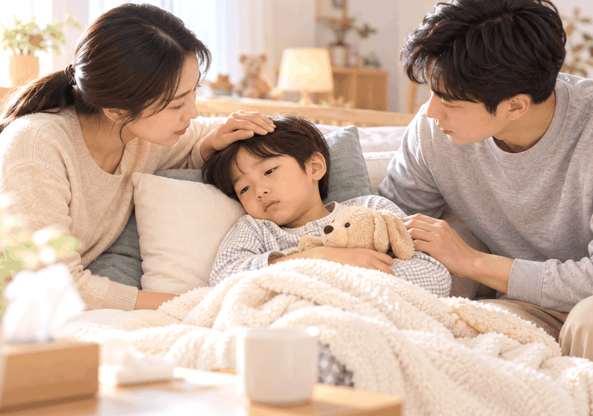 감기 뒤 기운 없이 누워 있는 아이를 살피는 부모