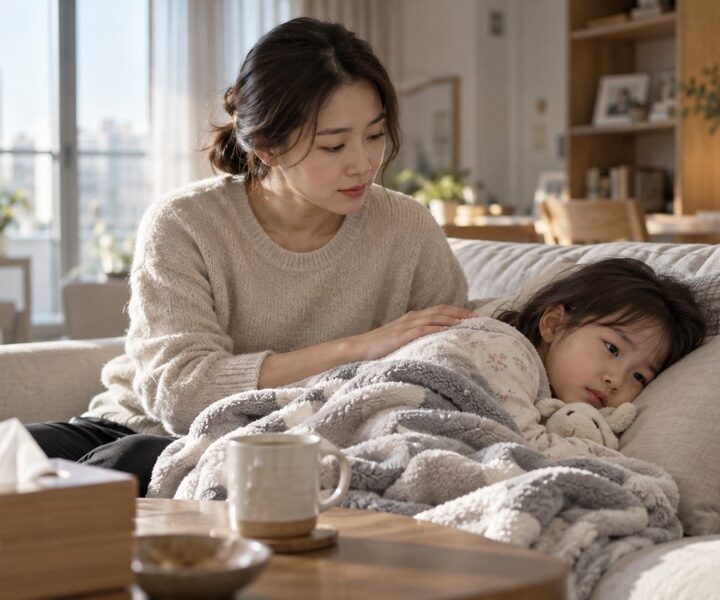 기관지염 증상 중 기침하는 아이 곁에서 등에 손을 얹고 살펴주는 엄마