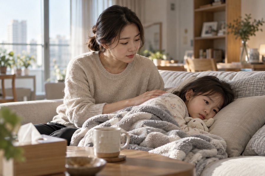 기관지염 증상 중 기침하는 아이 곁에서 등에 손을 얹고 살펴주는 엄마