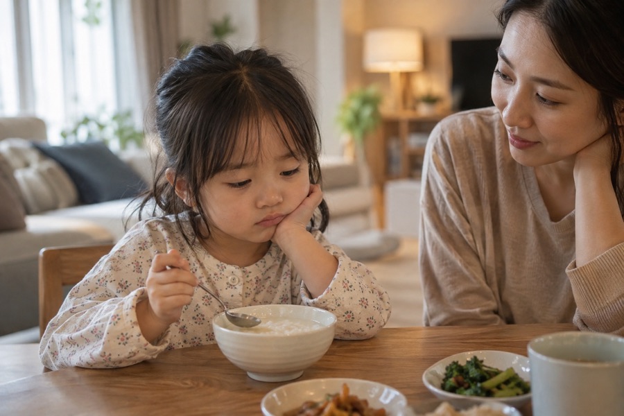 기관지염 증상 중 입맛이 없어 죽 앞에서 숟가락을 든 채 망설이는 아이