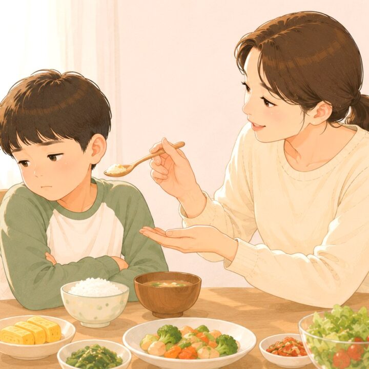 대전 소아 식욕부진 – 식탁에서 밥을 권하는 엄마와 먹기 싫어 고개 돌린 아이
