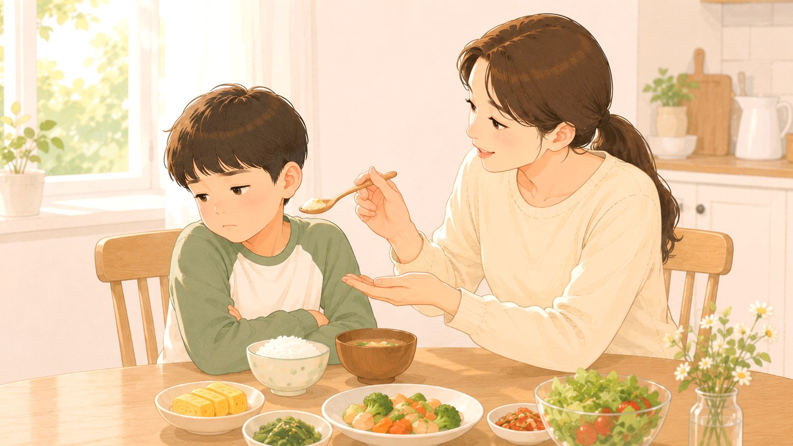 대전 식욕부진 – 식탁에서 밥을 권하는 엄마와 고개 돌린 아이