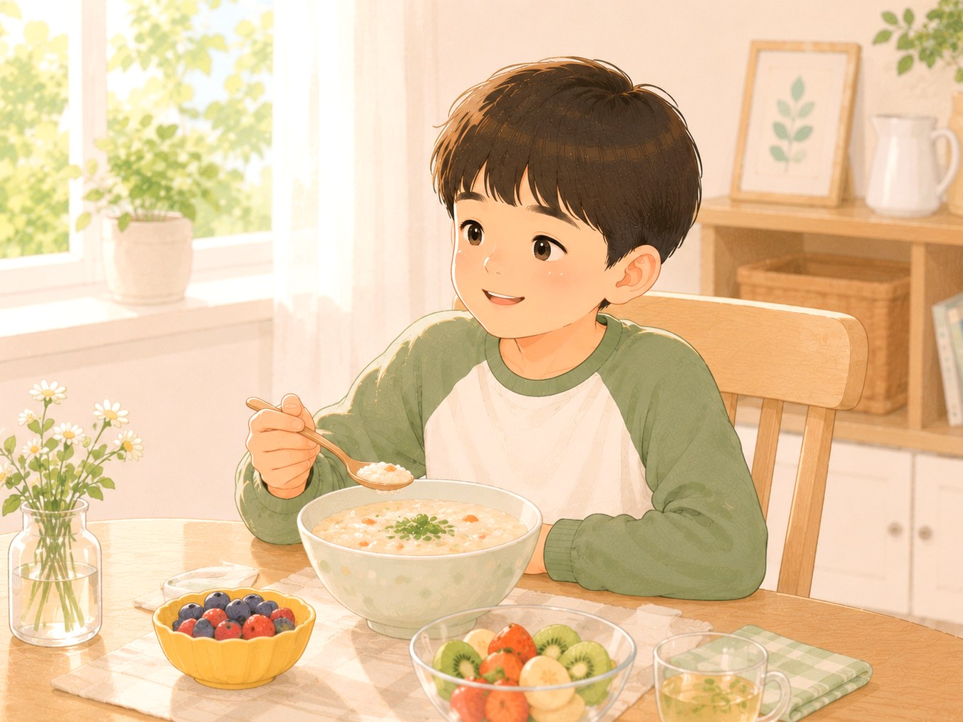 대전 식욕부진 – 따뜻한 죽과 과일을 앞에 두고 편안히 먹는 아이