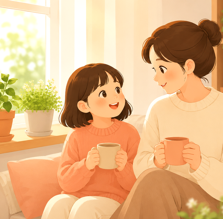 대전 축농증 – 엄마와 아이가 소파에서 따뜻한 차를 마시는 모습