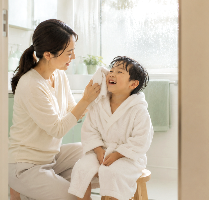 대전 물사마귀 – 엄마가 목욕을 마친 아이의 얼굴을 수건으로 닦아주는 모습