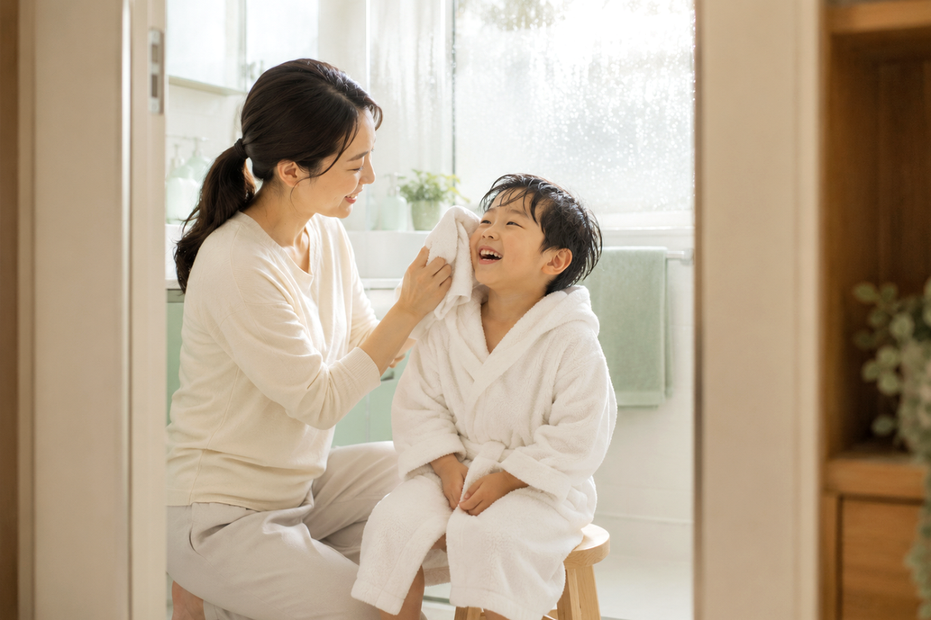 대전 물사마귀 – 엄마가 목욕을 마친 아이의 얼굴을 수건으로 닦아주는 모습