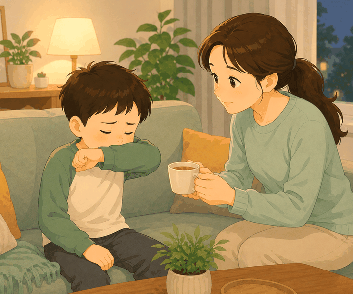 대전 기관지염 – 거실 소파에서 아이가 팔로 입을 가리고 엄마가 따뜻한 차를 건네는 모습