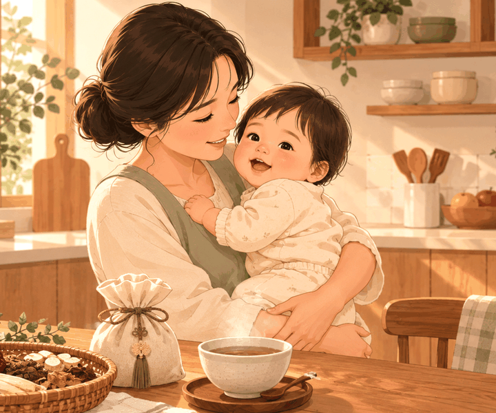 대전 돌보약 – 아기를 안은 엄마와 한약재