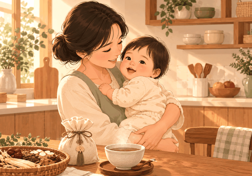 대전 돌보약 – 아기를 안은 엄마와 한약재