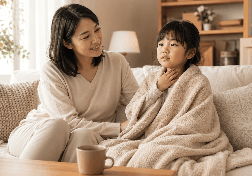 대전 후두염 – 담요를 덮고 목을 만지는 여아와 곁의 엄마
