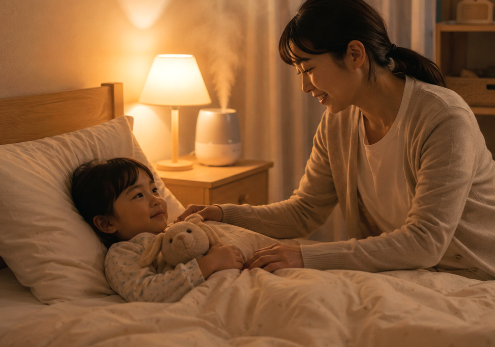 대전 후두염 – 침대에 누운 아이와 가습기, 이불 덮어주는 엄마