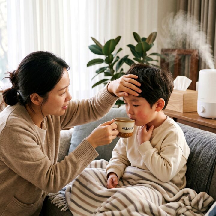 대전 후두염 – 배도라지차를 마시며 목을 만지는 남아와 엄마