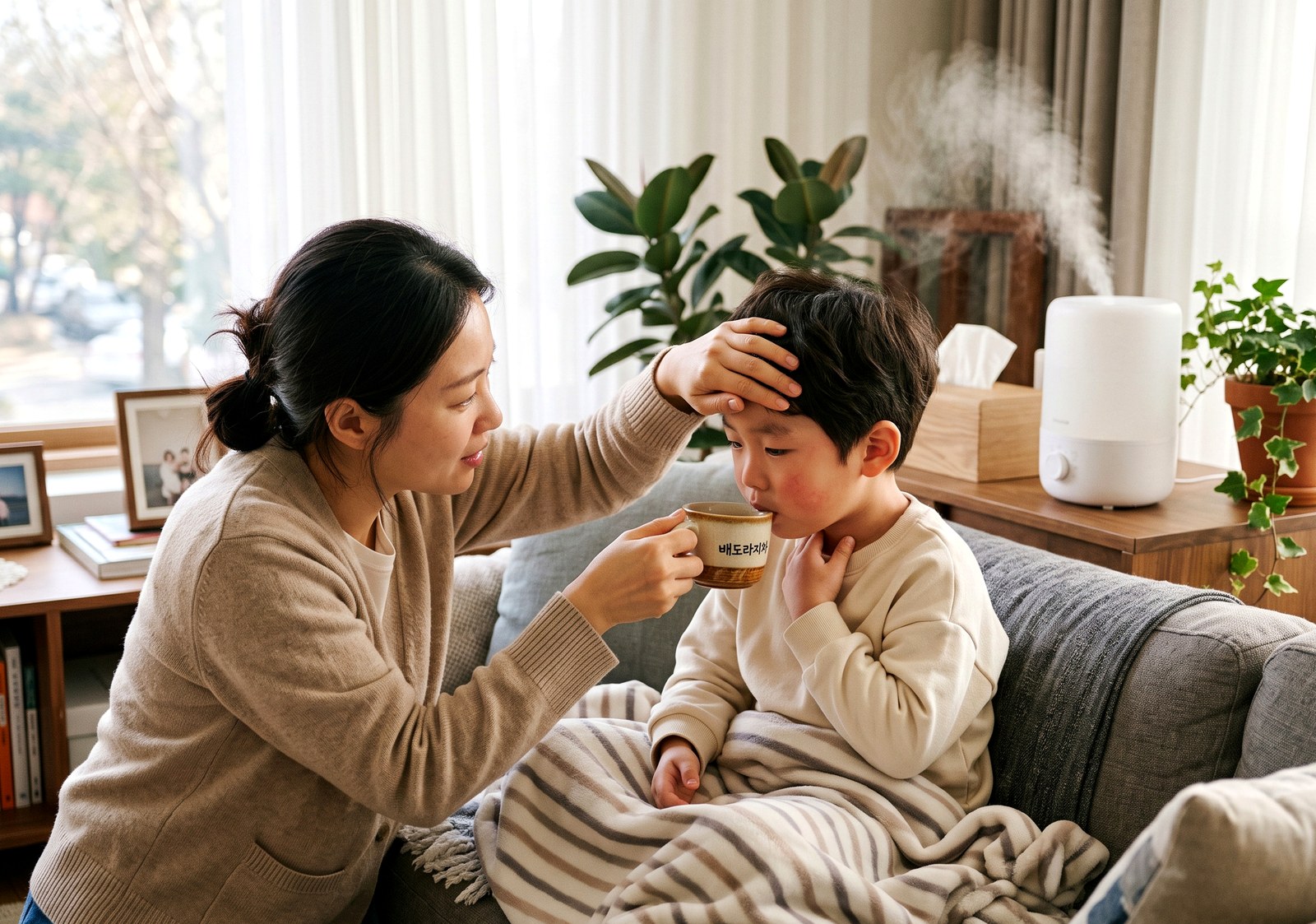 대전 후두염 – 배도라지차를 마시며 목을 만지는 남아와 엄마
