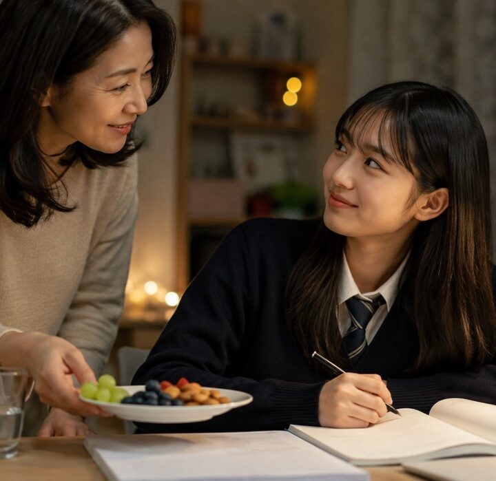 대전 수험생한약 – 밤에 공부하는 여학생에게 간식 주는 엄마