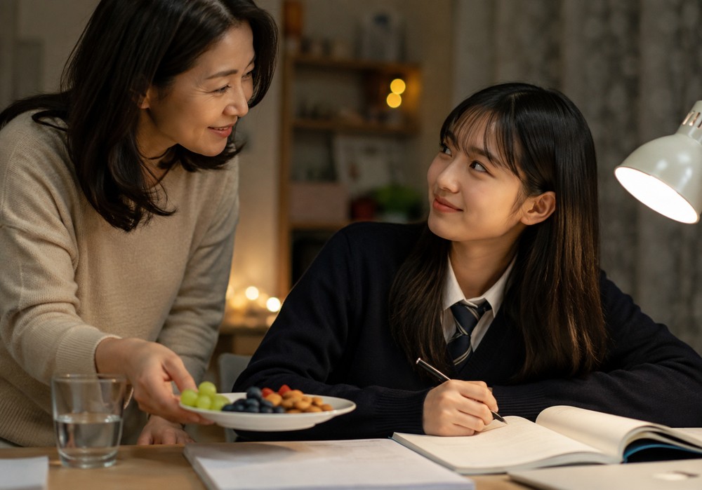 대전 수험생한약 – 밤에 공부하는 여학생에게 간식 주는 엄마