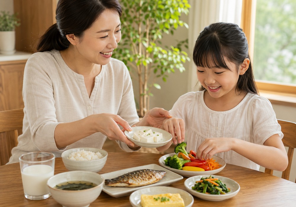 대전 키작은아이 – 식탁에서 엄마와 건강한 밥상을 먹는 여자아이
