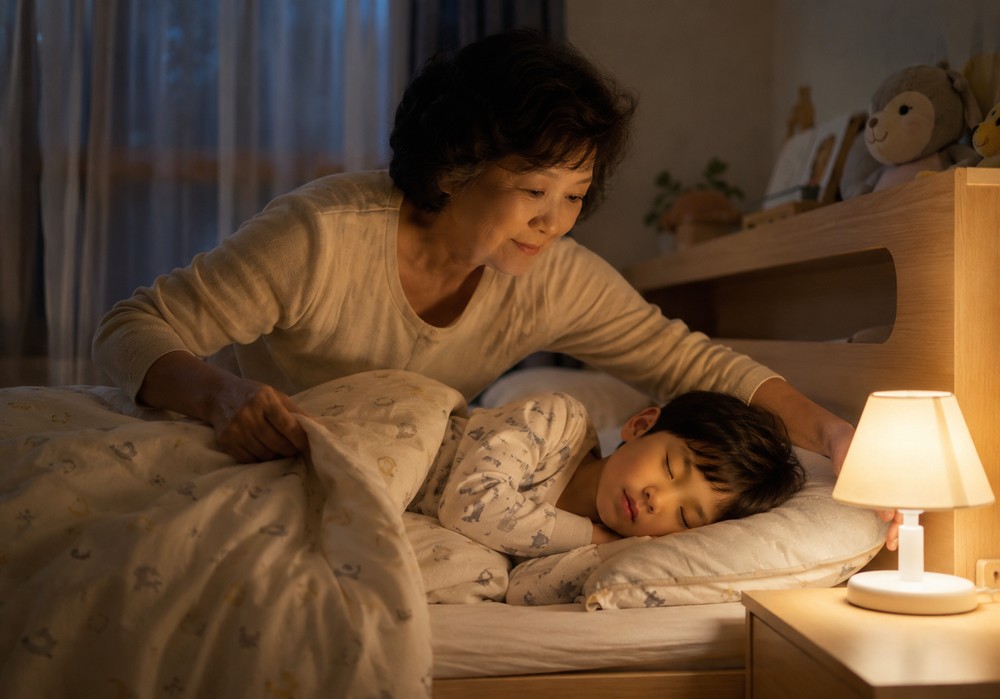 대전 키작은아이 – 침실에서 잠든 아이를 돌보는 할머니