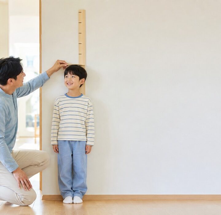 대전 키작은아이 – 벽 앞에서 아빠에게 키를 재는 남자아이
