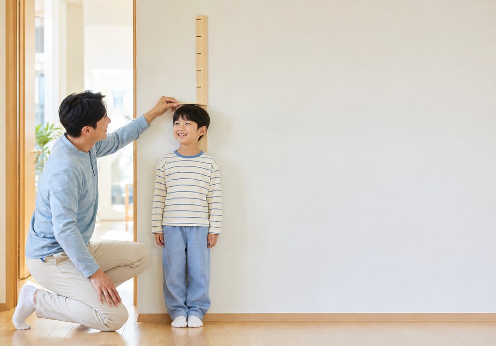 대전 키작은아이 – 벽 앞에서 아빠에게 키를 재는 남자아이