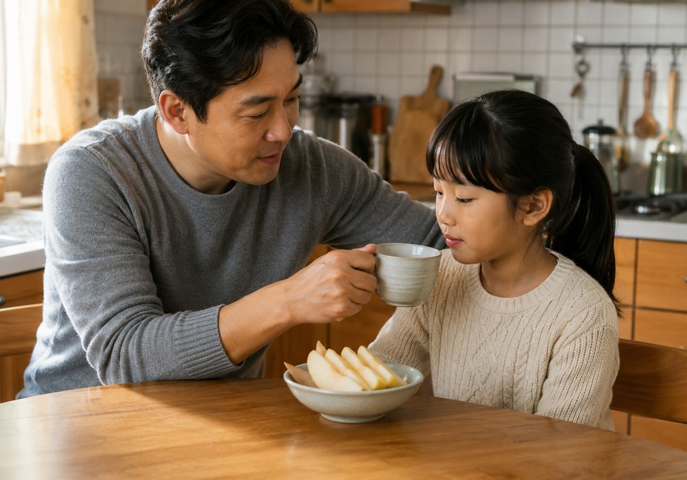 감기 단계별로 아이 몸을 살피는 한방 상담 장면