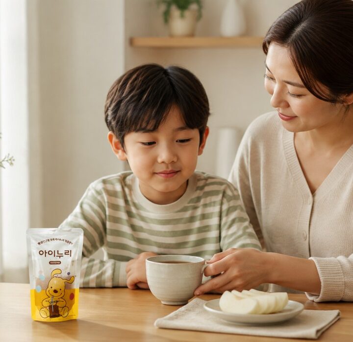 대전 폐렴 회복 한약 – 아이누리 파우치와 따뜻한 차를 앞에 둔 엄마와 아이