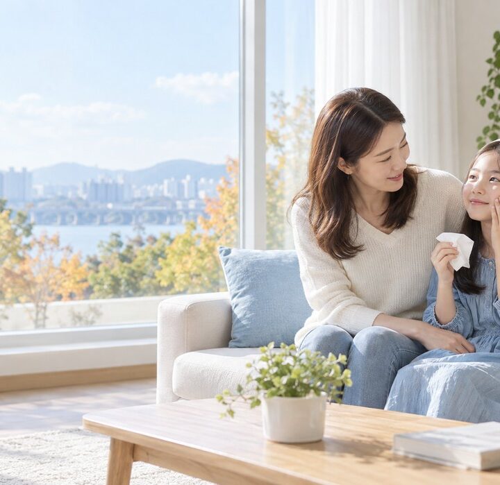 강과 도심이 보이는 창가 소파에서 파란 원피스 여자아이가 휴지를 들고 흰 니트 엄마와 마주보는 모습