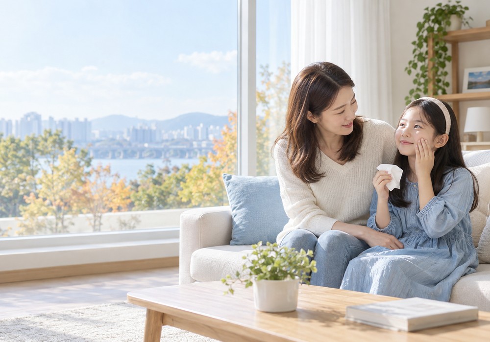 대전 알레르기비염눈물 — 눈을 비비며 눈물이 고인 아이를 살피는 모습