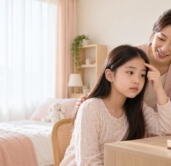 대전 성조숙증 여드름 – 밝은 침실 화장대 거울 앞에서 여자아이가 이마의 피부 변화를 살펴보고 엄마가 곁에서 함께 확인하는