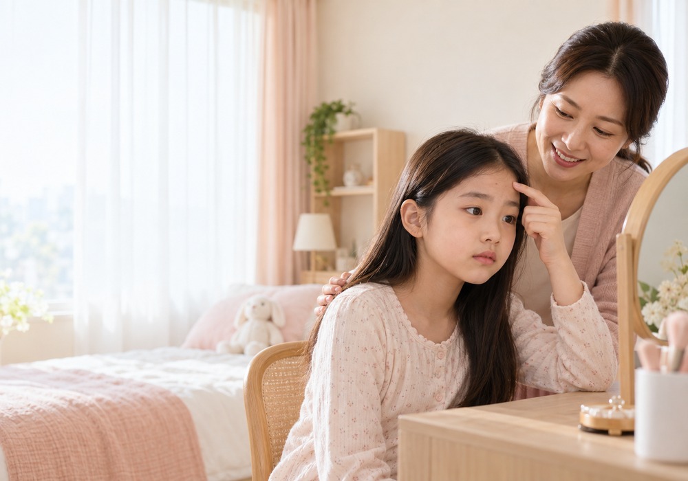 대전 성조숙증 여드름 — 이마에 여드름이 올라온 초등학생 아이의 모습