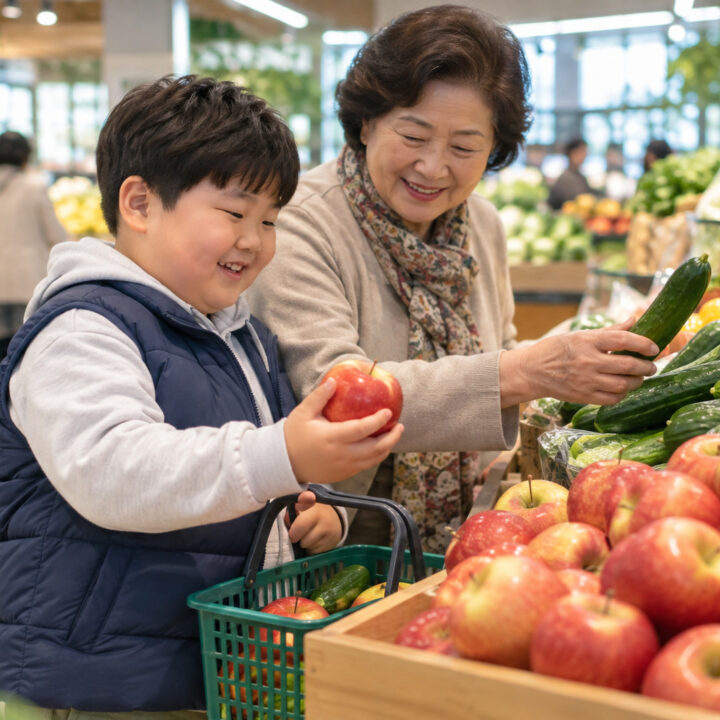 대전 소아비만 식습관 – 마트에서 남자아이와 할머니가 사과와 오이 등 과일과 채소를 고르는 모습