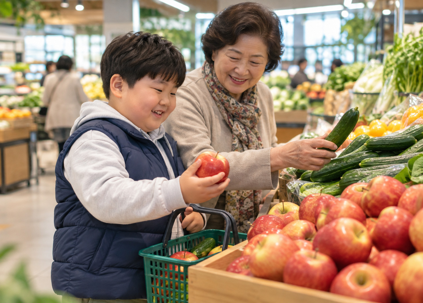 대전 소아비만 식습관 – 마트에서 남자아이와 할머니가 사과와 오이 등 과일과 채소를 고르는 모습
