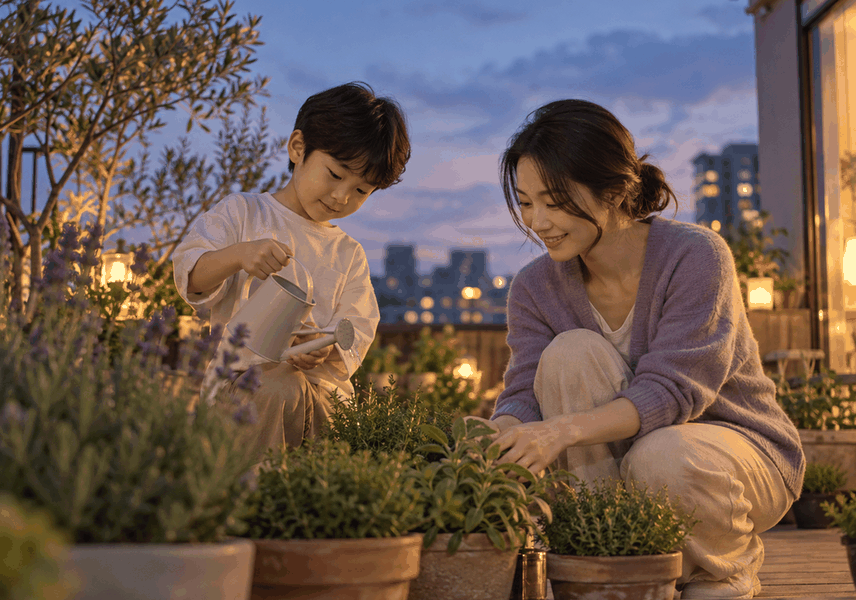 아침 식탁에서 밤의 일을 수첩에 기록하는 보호자와 아이