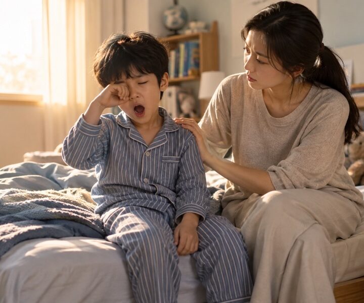 아침에 눈을 비비며 하품하는 아이를 다독이는 엄마