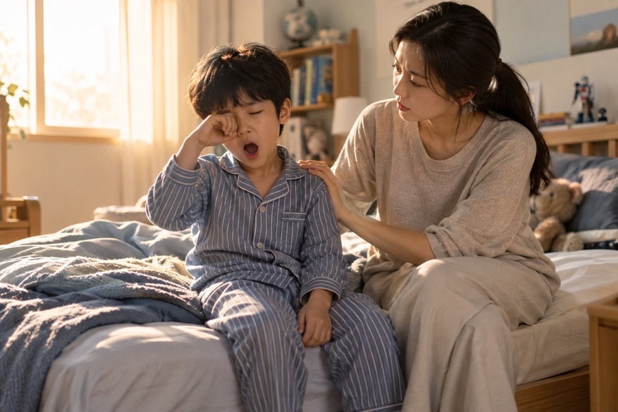아침에 눈을 비비며 하품하는 아이를 다독이는 엄마
