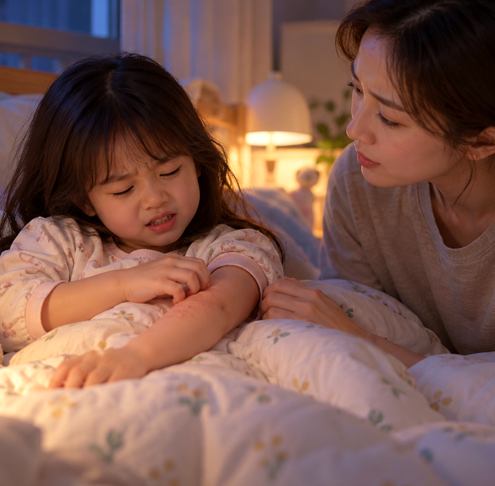 대전밤에긁는아이 – 잠자리에서 가려운 피부를 긁는 아이