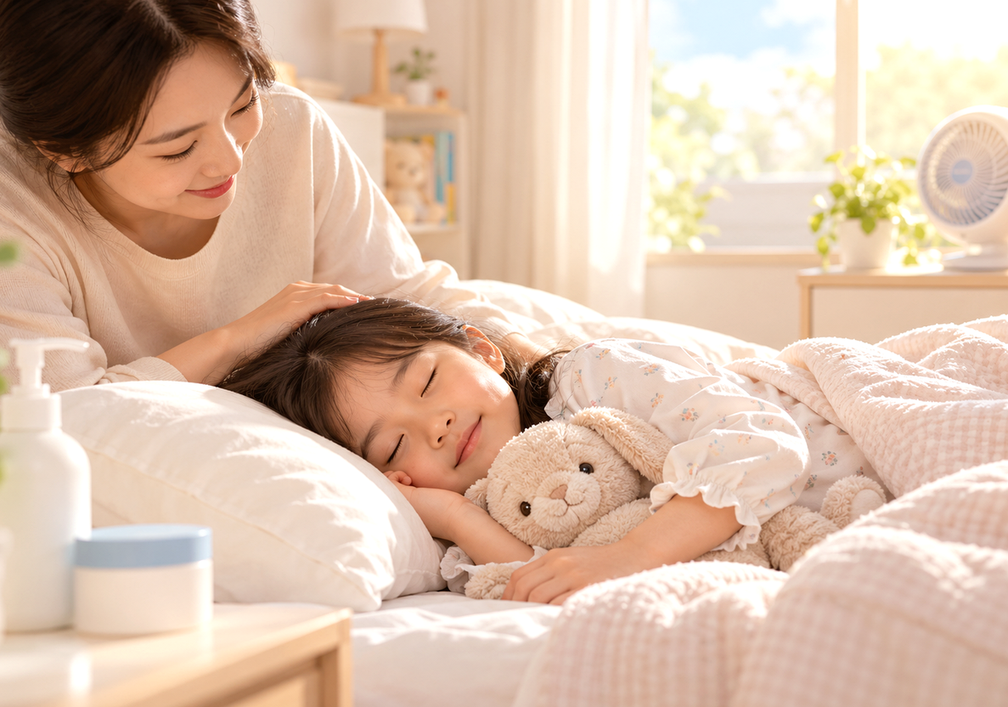 보습을 챙기고 편안히 잠든 아이 곁을 지키는 엄마