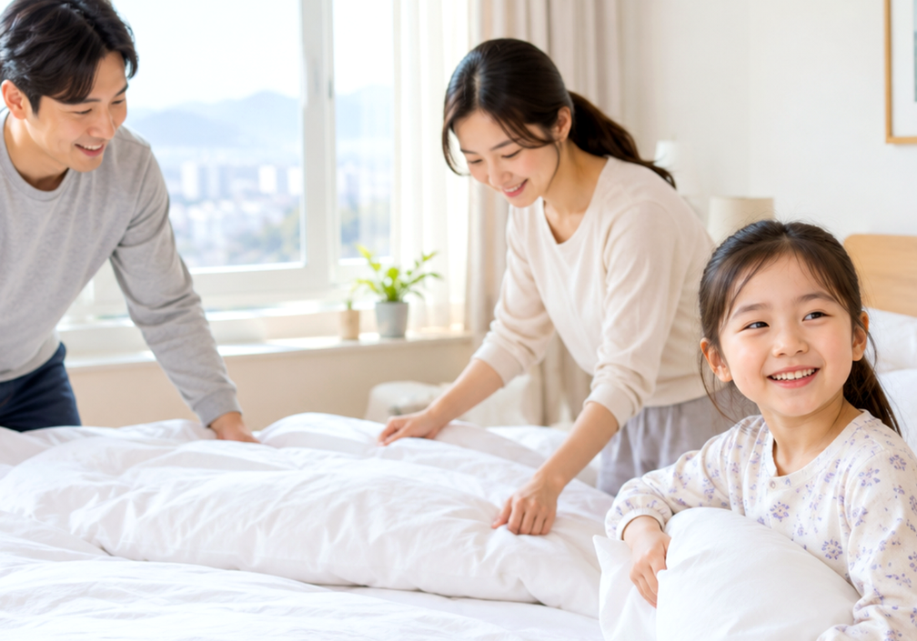 아이와 함께 침구를 정리하는 부모