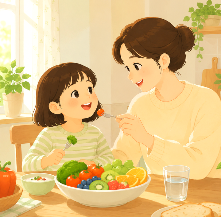 천안 변비 – 엄마가 아이에게 방울토마토를 건네는 모습