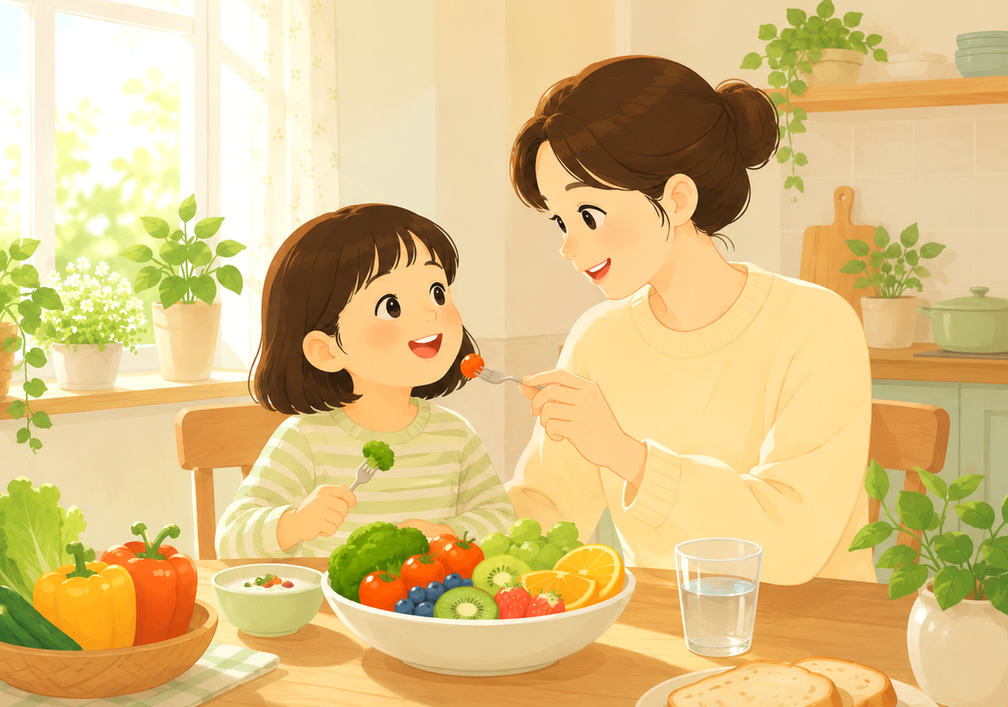 천안 변비 – 엄마가 아이에게 방울토마토를 건네는 모습