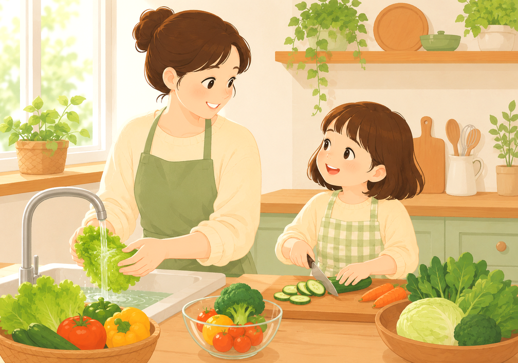 천안 변비 – 엄마와 아이가 주방에서 채소를 손질하는 모습