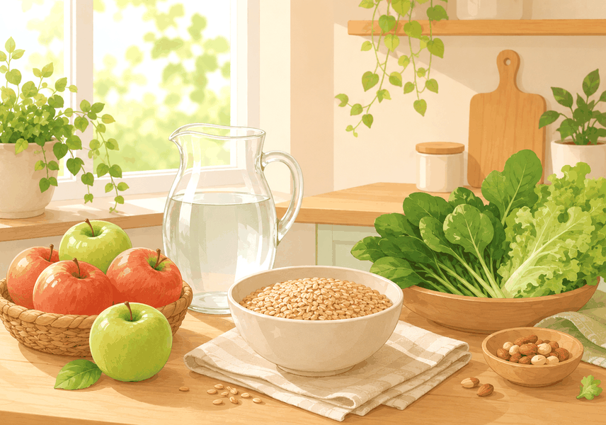 천안 변비 – 통곡물과 채소, 과일, 물이 놓인 주방