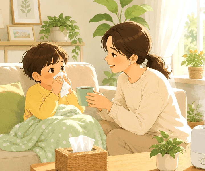 천안 부비동염 – 아이가 티슈로 코를 풀고 엄마가 따뜻한 컵을 건네는 모습