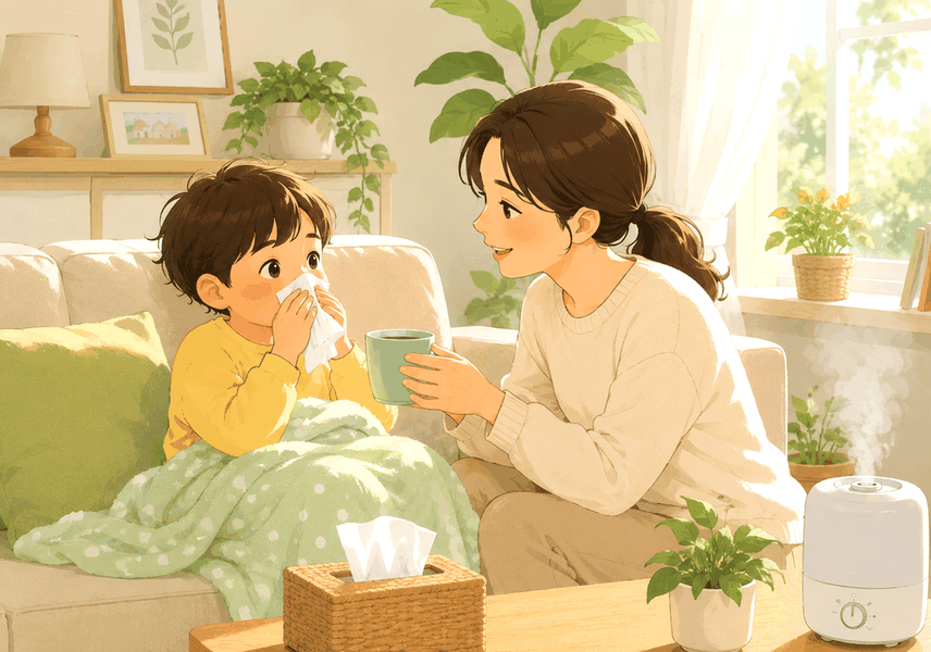 천안 부비동염 — 거실 소파에서 아이가 티슈로 코를 풀고 엄마가 따뜻한 컵을 건네는 모습
