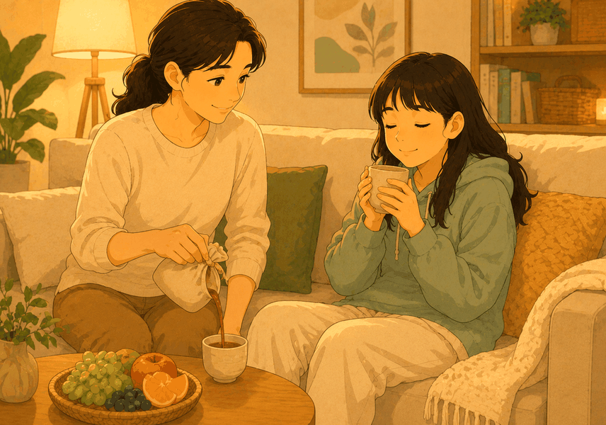천안 수험생한약 – 거실 소파에서 학생이 한약 차를 들고 쉬고 엄마가 잔에 한약을 따라 주는 모습