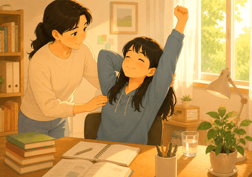 천안 수험생한약 – 책상에서 학생이 기지개를 켜고 엄마가 어깨를 다독이는 모습