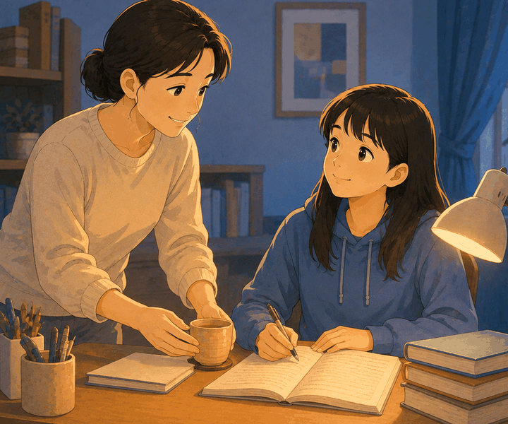 천안 수험생한약 – 밤 책상에서 공부하는 학생에게 엄마가 따뜻한 한약 차를 건네는 모습