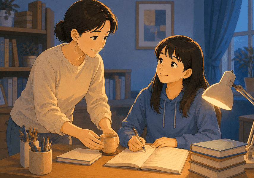 천안 수험생한약 – 밤 책상에서 공부하는 학생에게 엄마가 따뜻한 한약 차를 건네는 모습